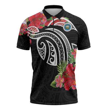 Caribbean American Heritage Month Zipper Polo Shirt Tropical Hibiscus Flower Tribal Tattoo
