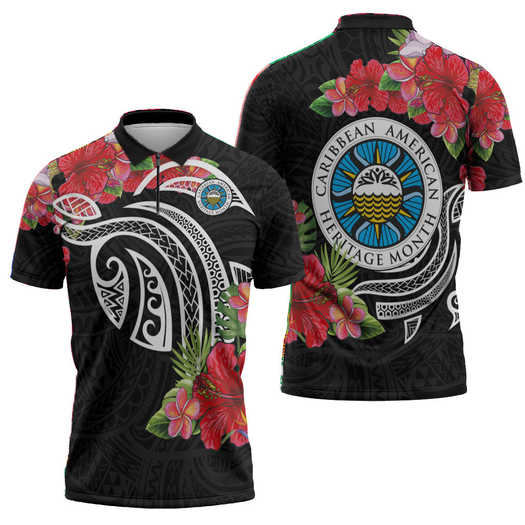 Caribbean American Heritage Month Zipper Polo Shirt Tropical Hibiscus Flower Tribal Tattoo