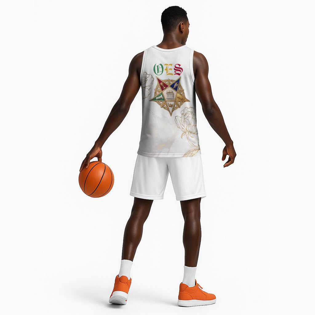 Order Of The Eastern Star Basketball Jersey OES Elegant Floral Line Art Fraternal Symbolism