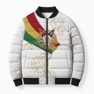 Order Of The Eastern Star Bomber Puffer Jacket OES Elegant Floral Line Art Fraternal Symbolism