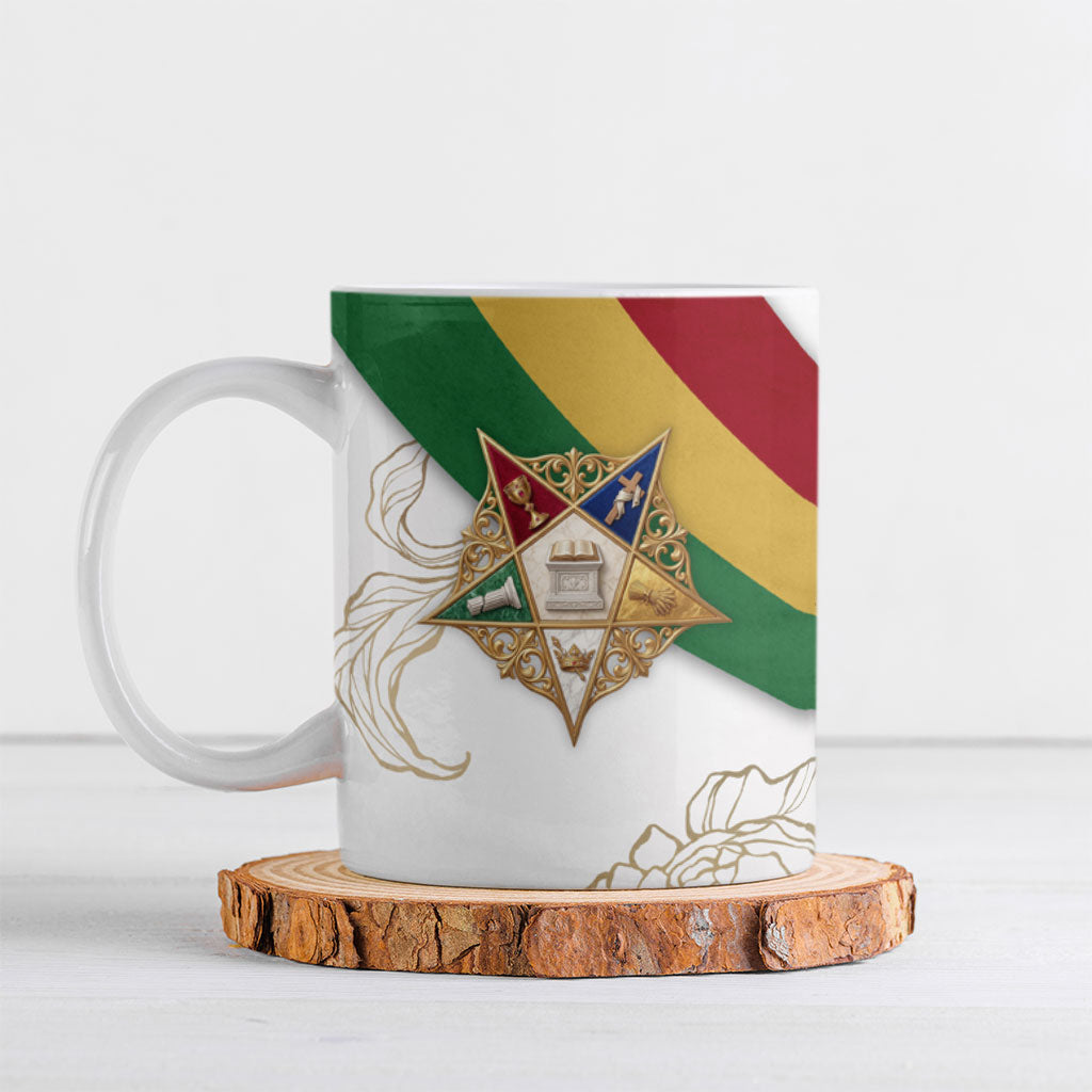 Order Of The Eastern Star Ceramic Mug OES Elegant Floral Line Art Fraternal Symbolism