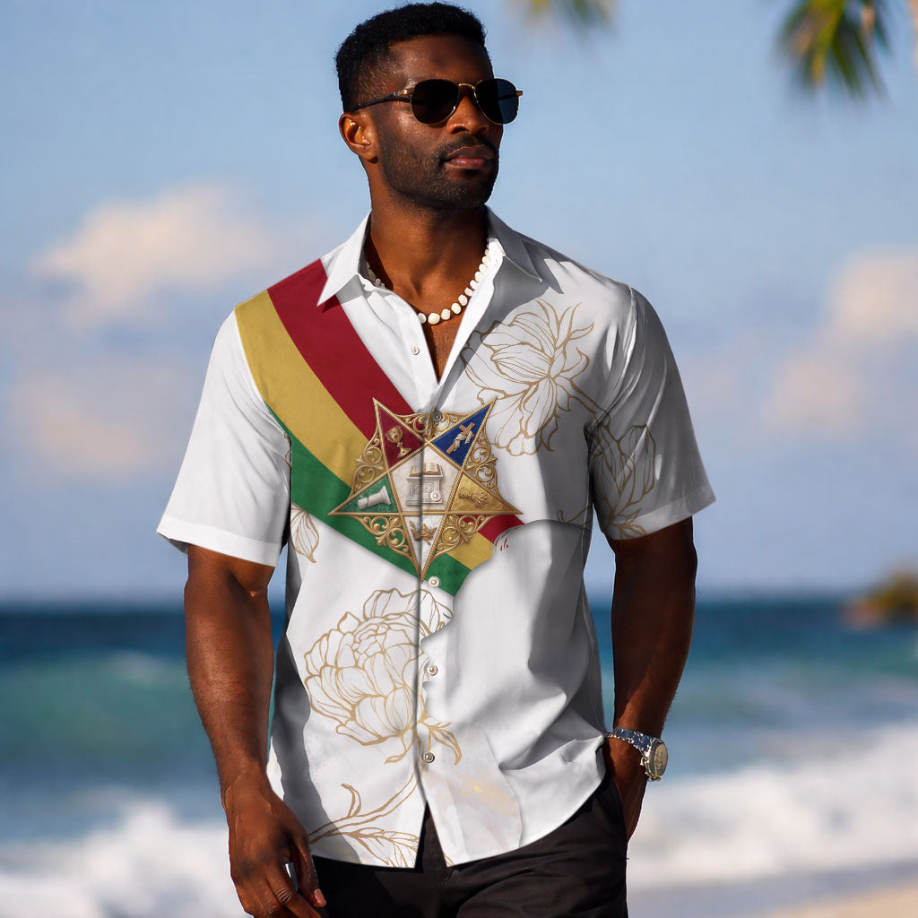 Order Of The Eastern Star Hawaiian Shirt OES Elegant Floral Line Art Fraternal Symbolism