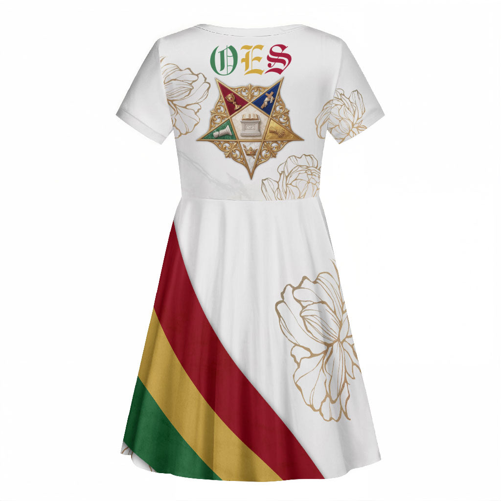 Order Of The Eastern Star Kid Short Sleeve Dress OES Elegant Floral Line Art Fraternal Symbolism