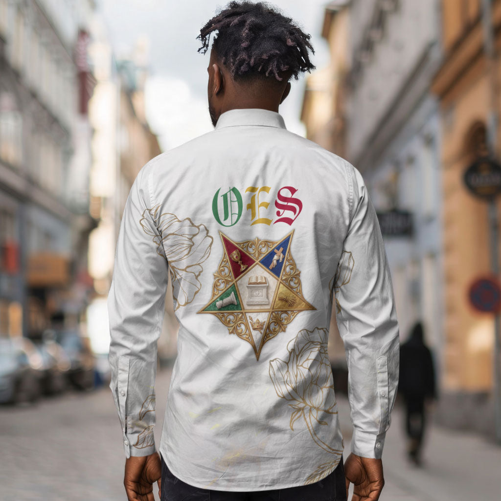 Order Of The Eastern Star Long Sleeve Button Shirt OES Elegant Floral Line Art Fraternal Symbolism