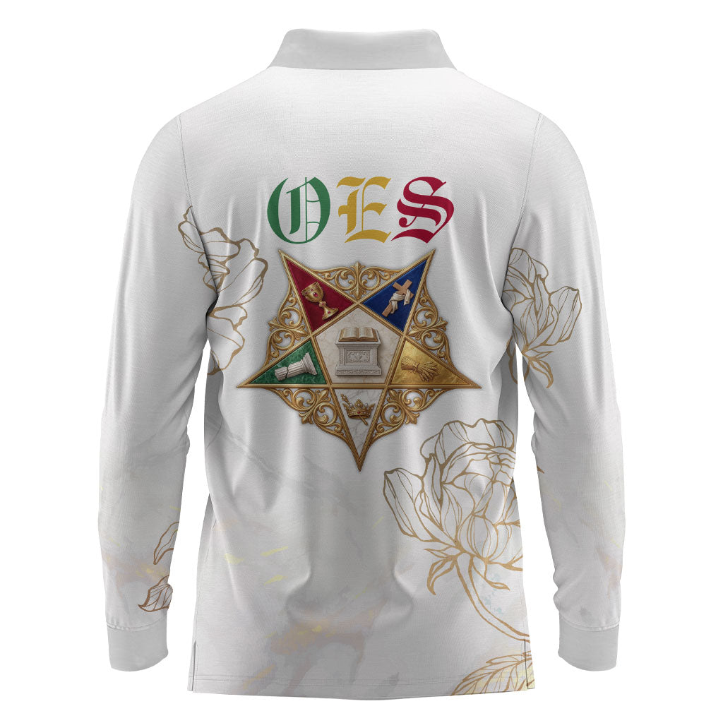 Order Of The Eastern Star Long Sleeve Polo Shirt OES Elegant Floral Line Art Fraternal Symbolism