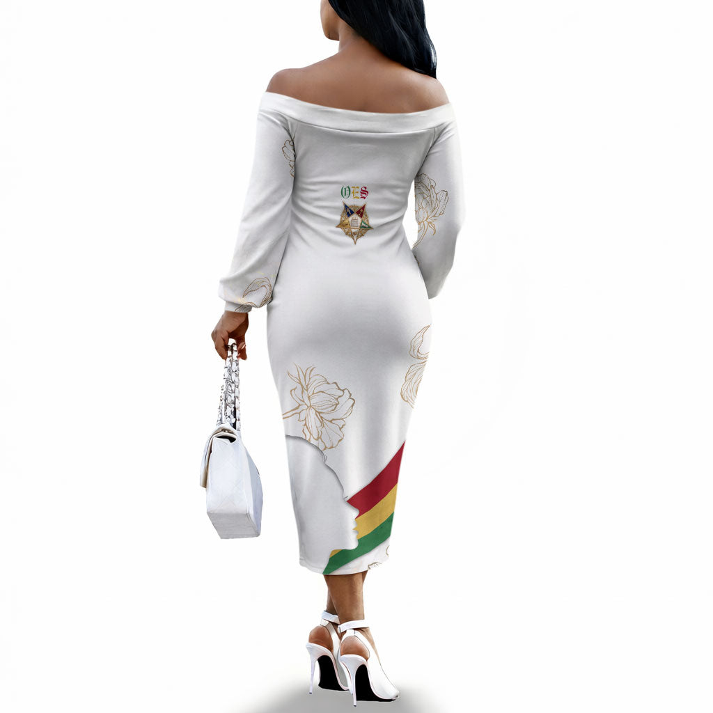 Order Of The Eastern Star Off The Shoulder Long Sleeve Dress OES Elegant Floral Line Art Fraternal Symbolism