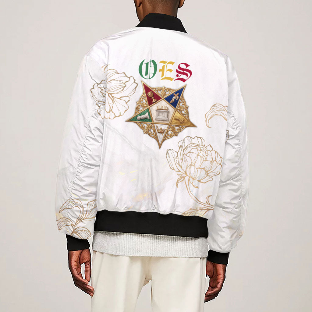 Order Of The Eastern Star Sleeve Zip Bomber Jacket OES Elegant Floral Line Art Fraternal Symbolism