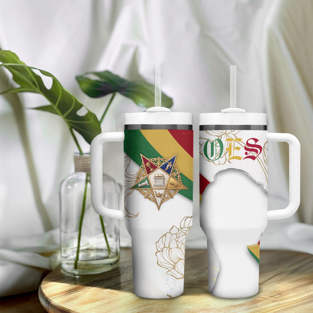 Order Of The Eastern Star Tumbler With Handle OES Elegant Floral Line Art Fraternal Symbolism