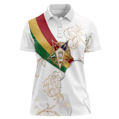Order Of The Eastern Star Women Polo Shirt OES Elegant Floral Line Art Fraternal Symbolism