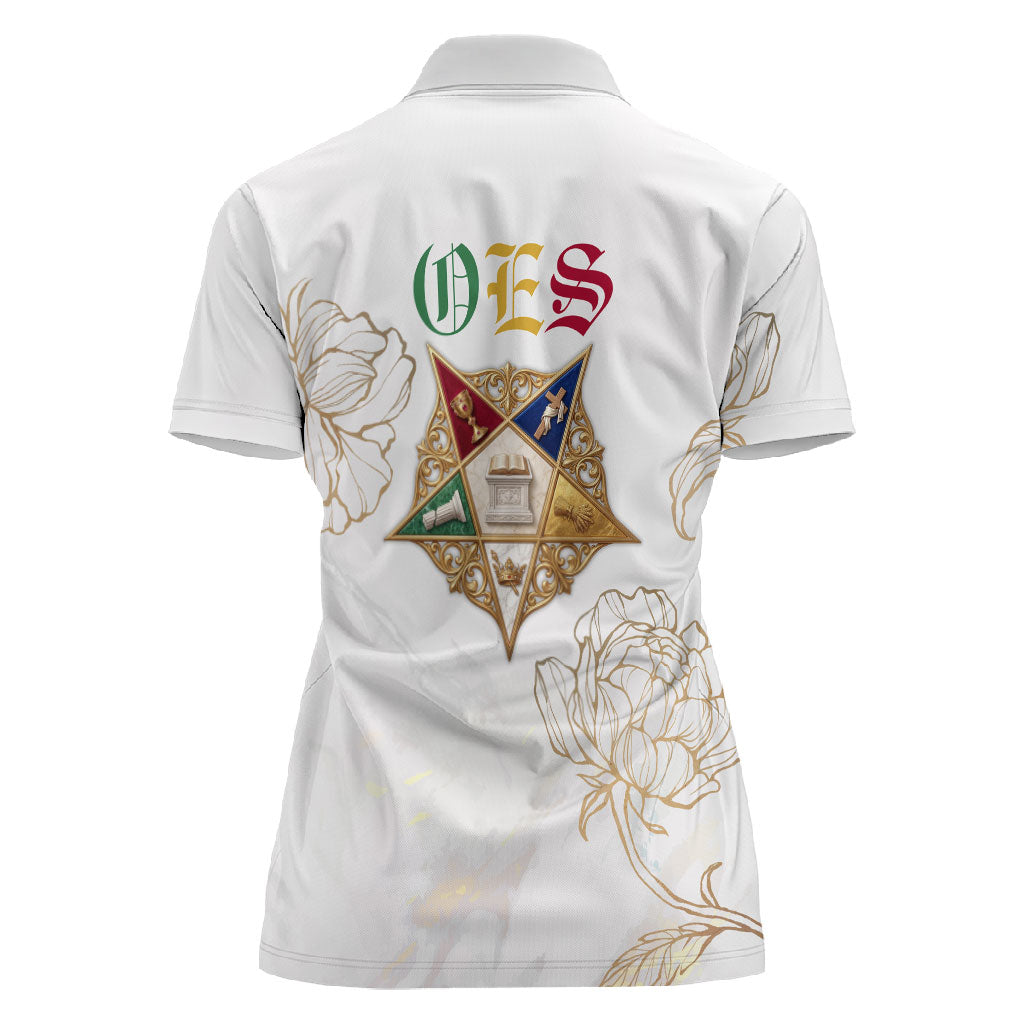 Order Of The Eastern Star Women Polo Shirt OES Elegant Floral Line Art Fraternal Symbolism