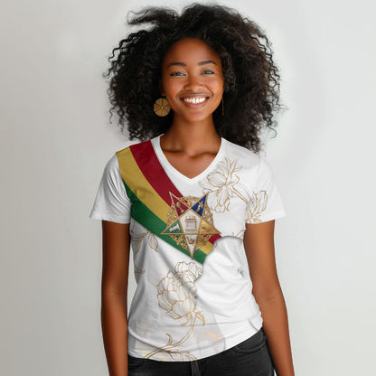 Order Of The Eastern Star Women V-Neck T-Shirt OES Elegant Floral Line Art Fraternal Symbolism