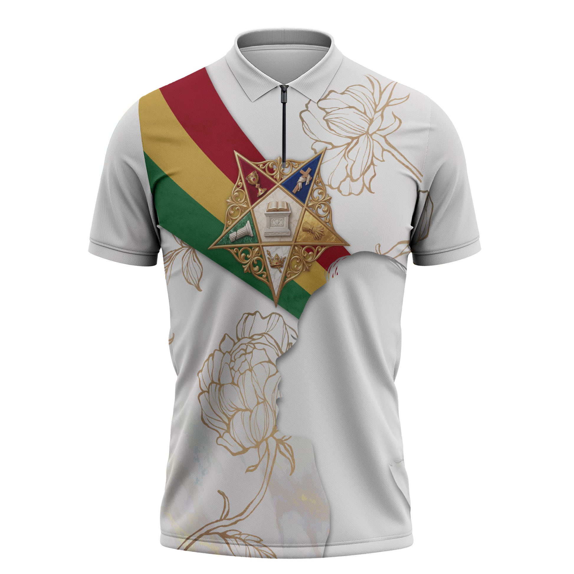 Order Of The Eastern Star Zipper Polo Shirt OES Elegant Floral Line Art Fraternal Symbolism
