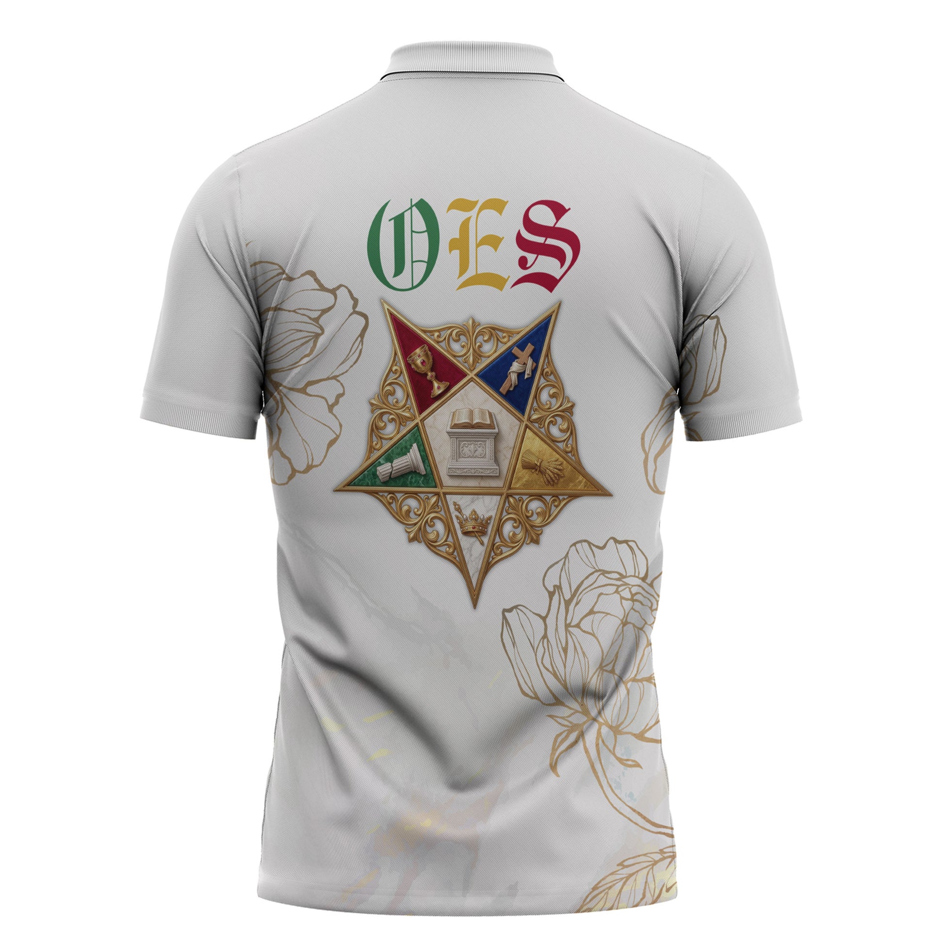 Order Of The Eastern Star Zipper Polo Shirt OES Elegant Floral Line Art Fraternal Symbolism
