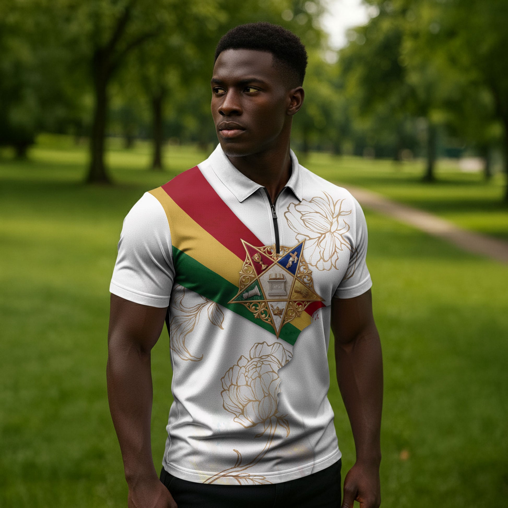 Order Of The Eastern Star Zipper Polo Shirt OES Elegant Floral Line Art Fraternal Symbolism