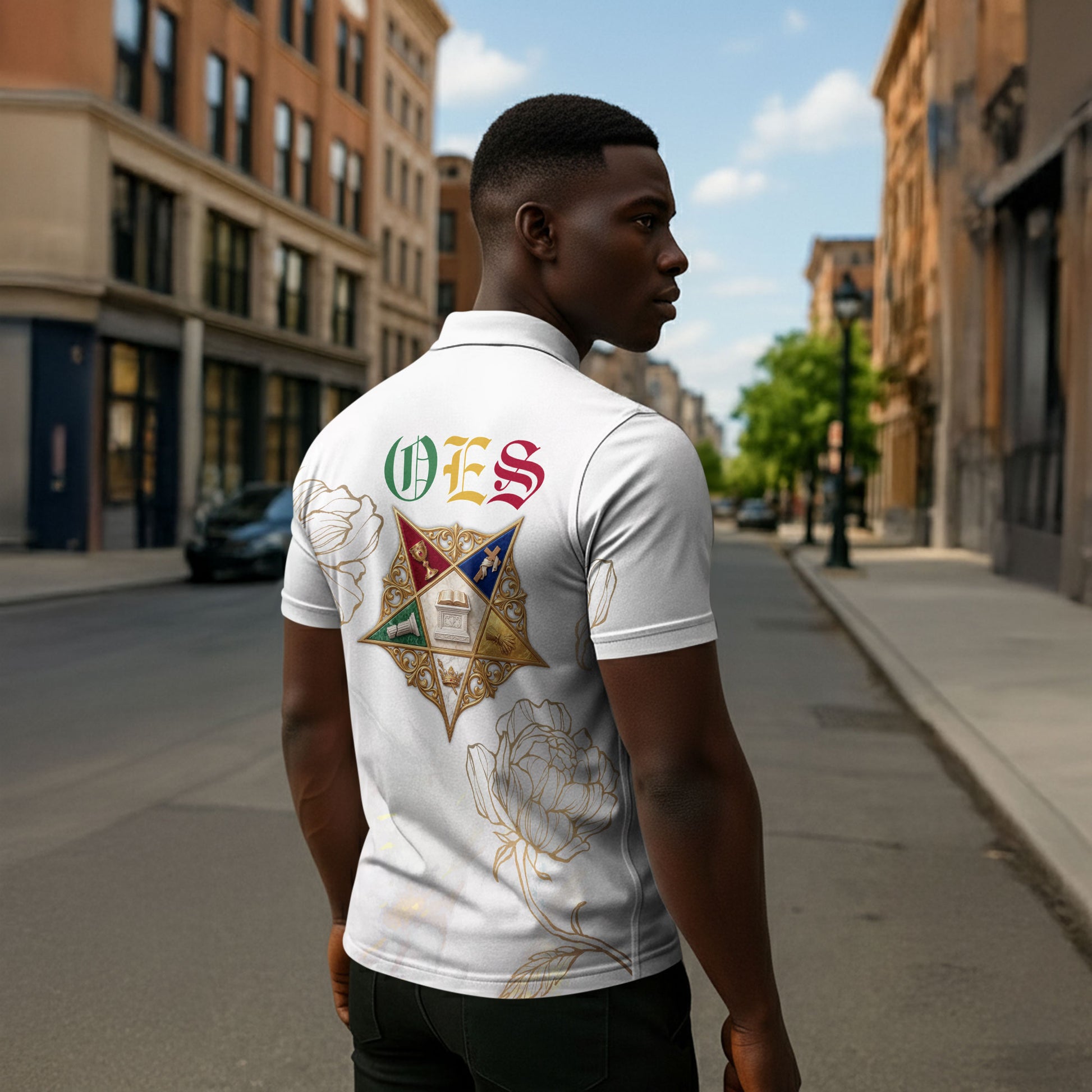 Order Of The Eastern Star Zipper Polo Shirt OES Elegant Floral Line Art Fraternal Symbolism