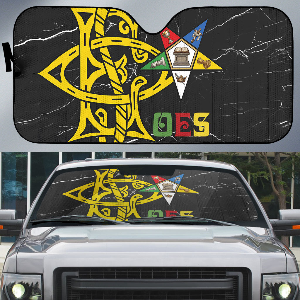 OES Order Of The Eastern Star Auto Sun Shade Five Pointed Star Emblem On Black Marble Texture
