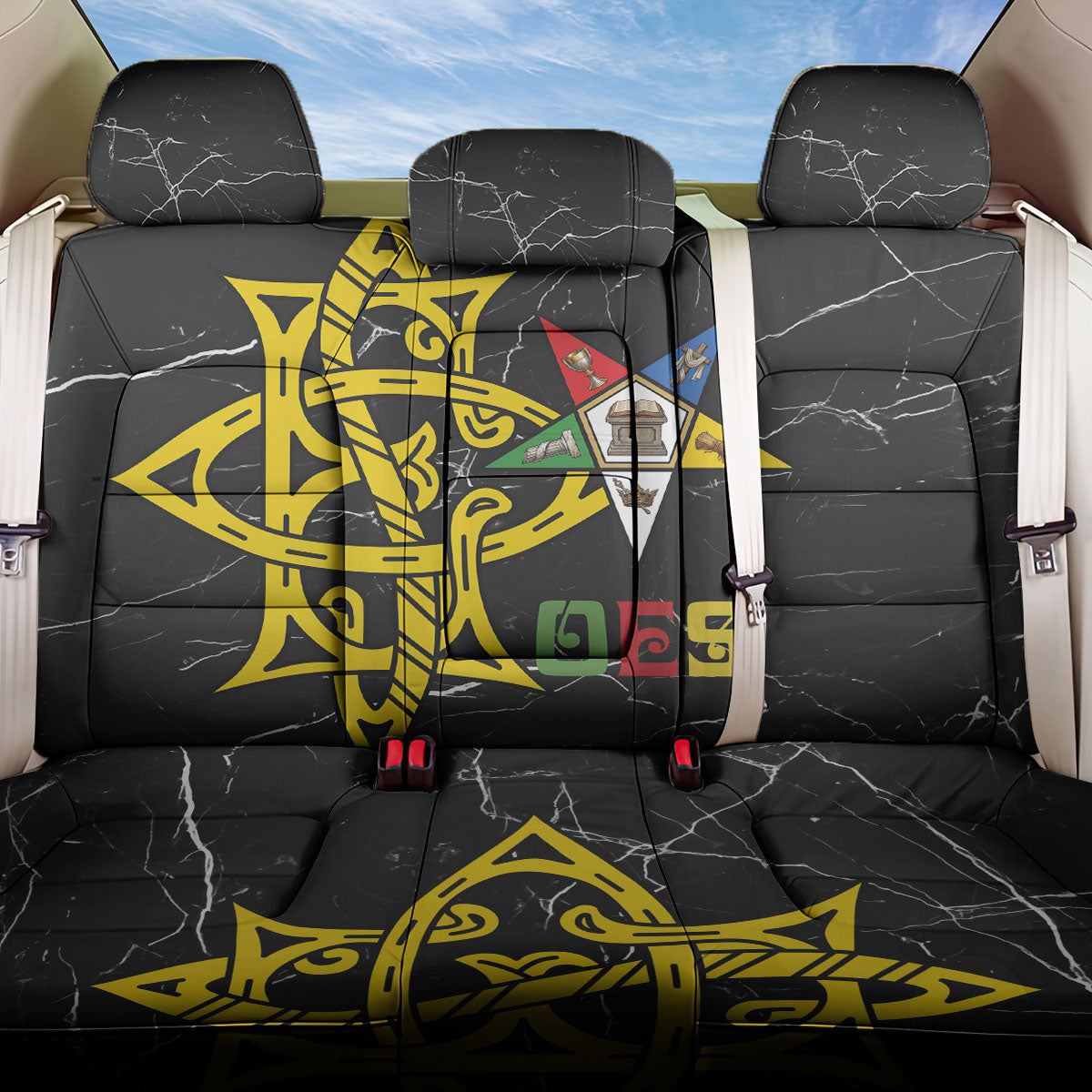 OES Order Of The Eastern Star Back Car Seat Cover Five Pointed Star Emblem On Black Marble Texture