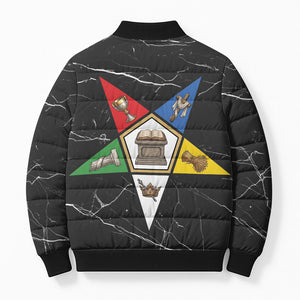 OES Order Of The Eastern Star Bomber Puffer Jacket Five Pointed Star Emblem On Black Marble Texture