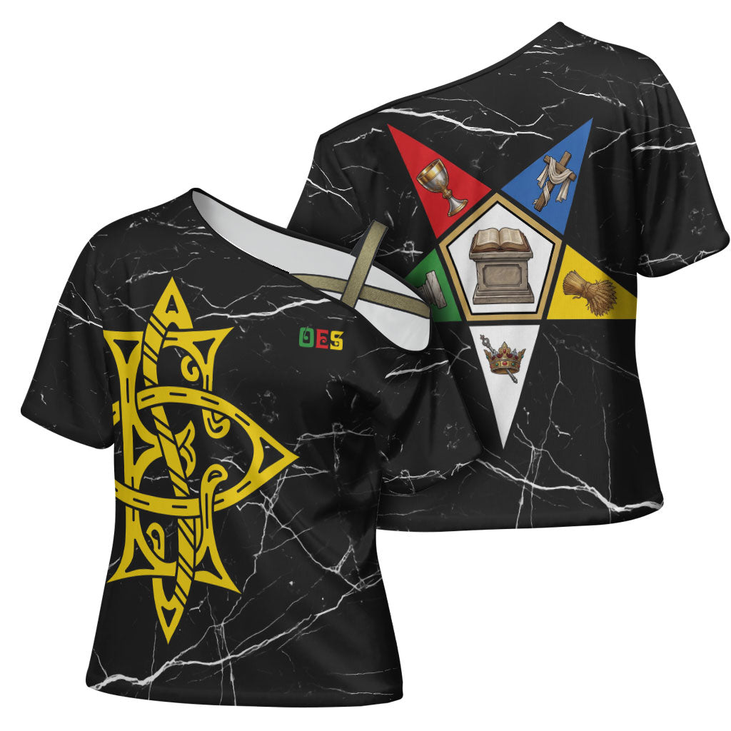 OES Order Of The Eastern Star Cross Shoulder Shirt Five Pointed Star Emblem On Black Marble Texture