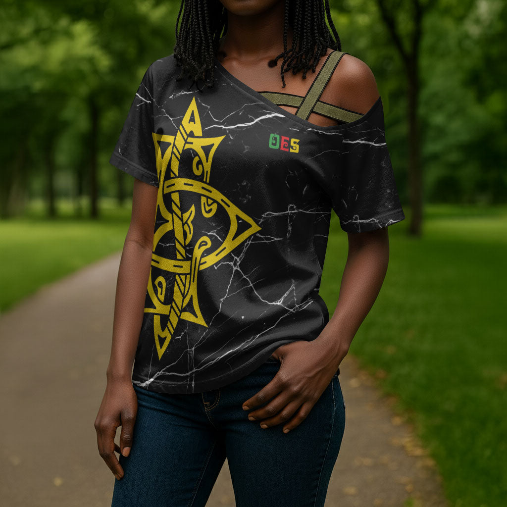 OES Order Of The Eastern Star Cross Shoulder Shirt Five Pointed Star Emblem On Black Marble Texture