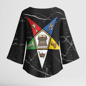 OES Order Of The Eastern Star Kimono Sleeve Blouse Five Pointed Star Emblem On Black Marble Texture