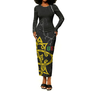 OES Order Of The Eastern Star Long Sleeve Bodycon Dress Five Pointed Star Emblem On Black Marble Texture