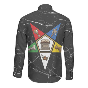 OES Order Of The Eastern Star Long Sleeve Button Shirt Five Pointed Star Emblem On Black Marble Texture