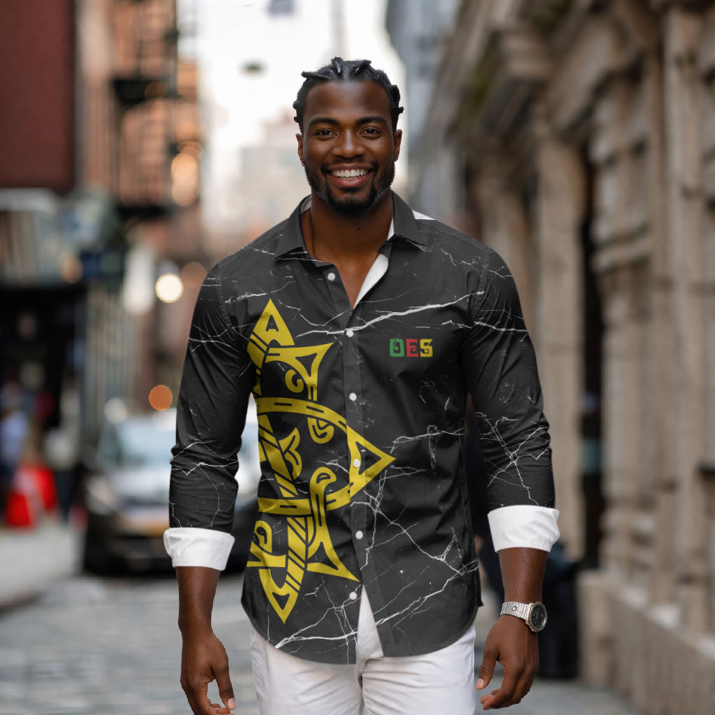 OES Order Of The Eastern Star Long Sleeve Button Shirt Five Pointed Star Emblem On Black Marble Texture