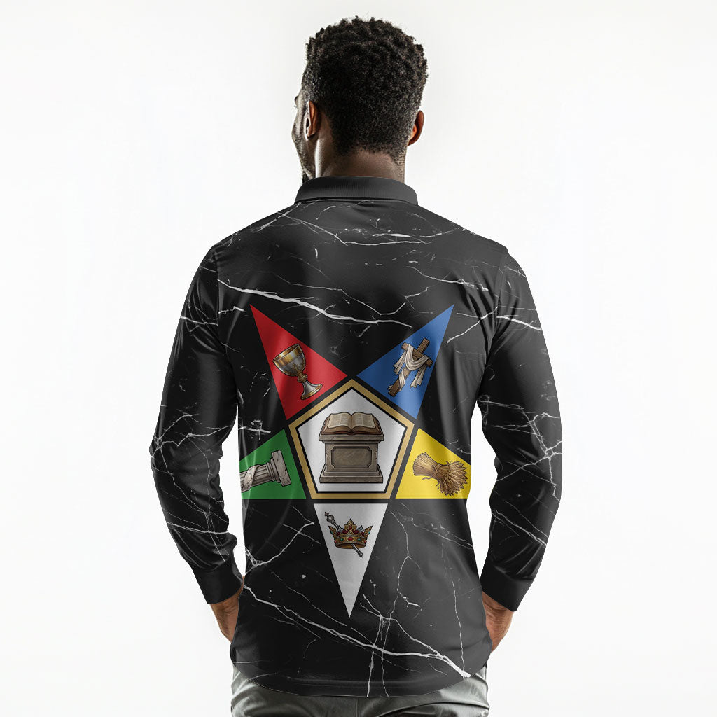 OES Order Of The Eastern Star Long Sleeve Polo Shirt Five Pointed Star Emblem On Black Marble Texture