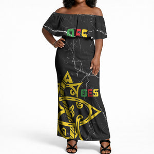 OES Order Of The Eastern Star Off Shoulder Maxi Dress Five Pointed Star Emblem On Black Marble Texture