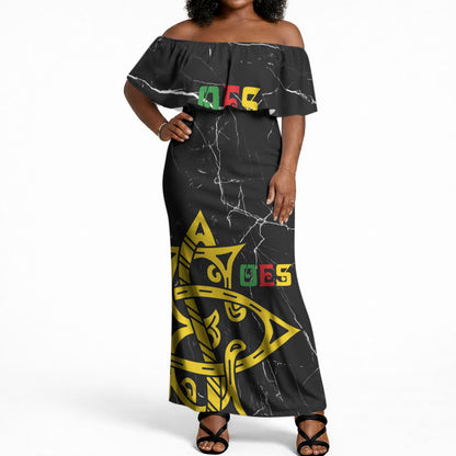 OES Order Of The Eastern Star Off Shoulder Maxi Dress Five Pointed Star Emblem On Black Marble Texture