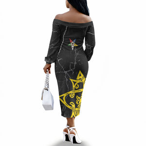 OES Order Of The Eastern Star Off The Shoulder Long Sleeve Dress Five Pointed Star Emblem On Black Marble Texture