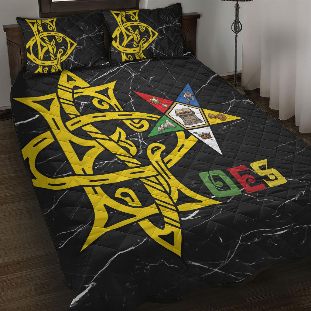 OES Order Of The Eastern Star Quilt Bed Set Five Pointed Star Emblem On Black Marble Texture