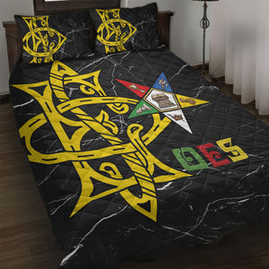 OES Order Of The Eastern Star Quilt Bed Set Five Pointed Star Emblem On Black Marble Texture