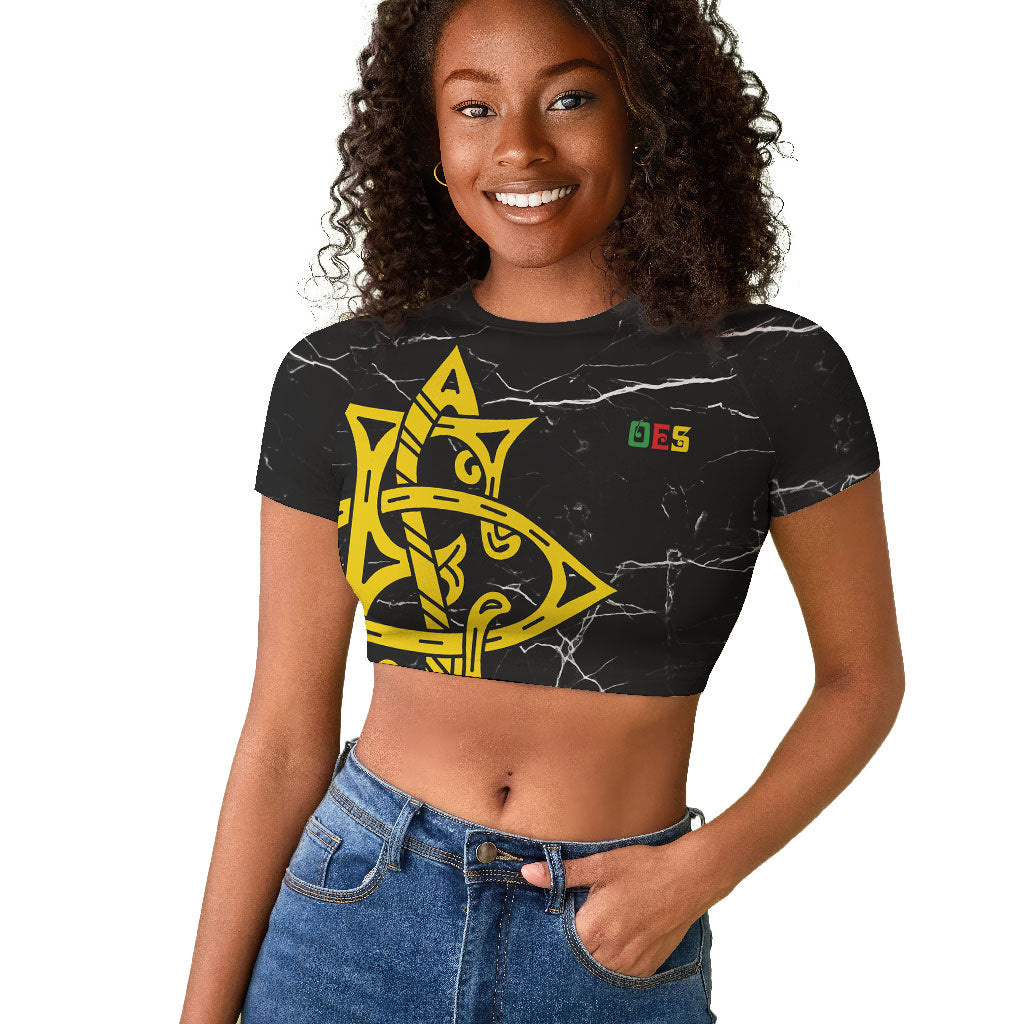 OES Order Of The Eastern Star Raglan Cropped T shirt Five Pointed Star Emblem On Black Marble Texture