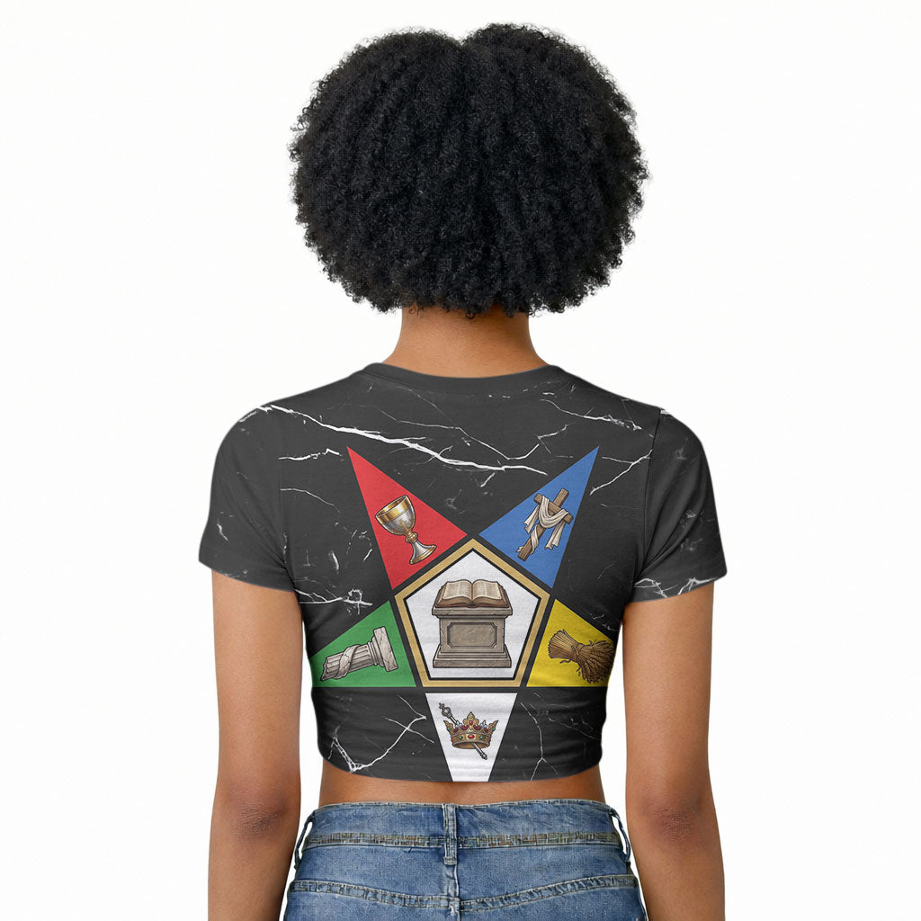 OES Order Of The Eastern Star Raglan Cropped T shirt Five Pointed Star Emblem On Black Marble Texture