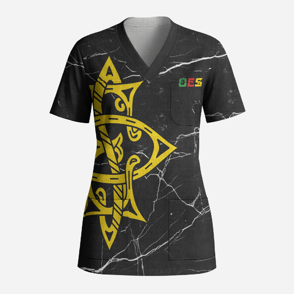 OES Order Of The Eastern Star Scrub Top Five Pointed Star Emblem On Black Marble Texture