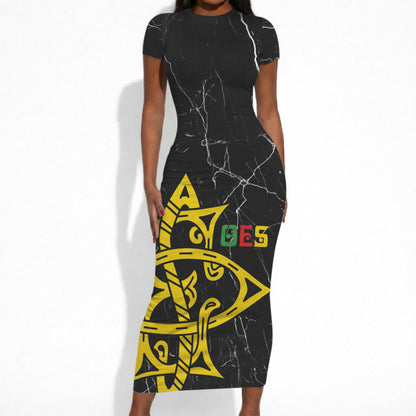 OES Order Of The Eastern Star Short Sleeve Bodycon Dress Five Pointed Star Emblem On Black Marble Texture