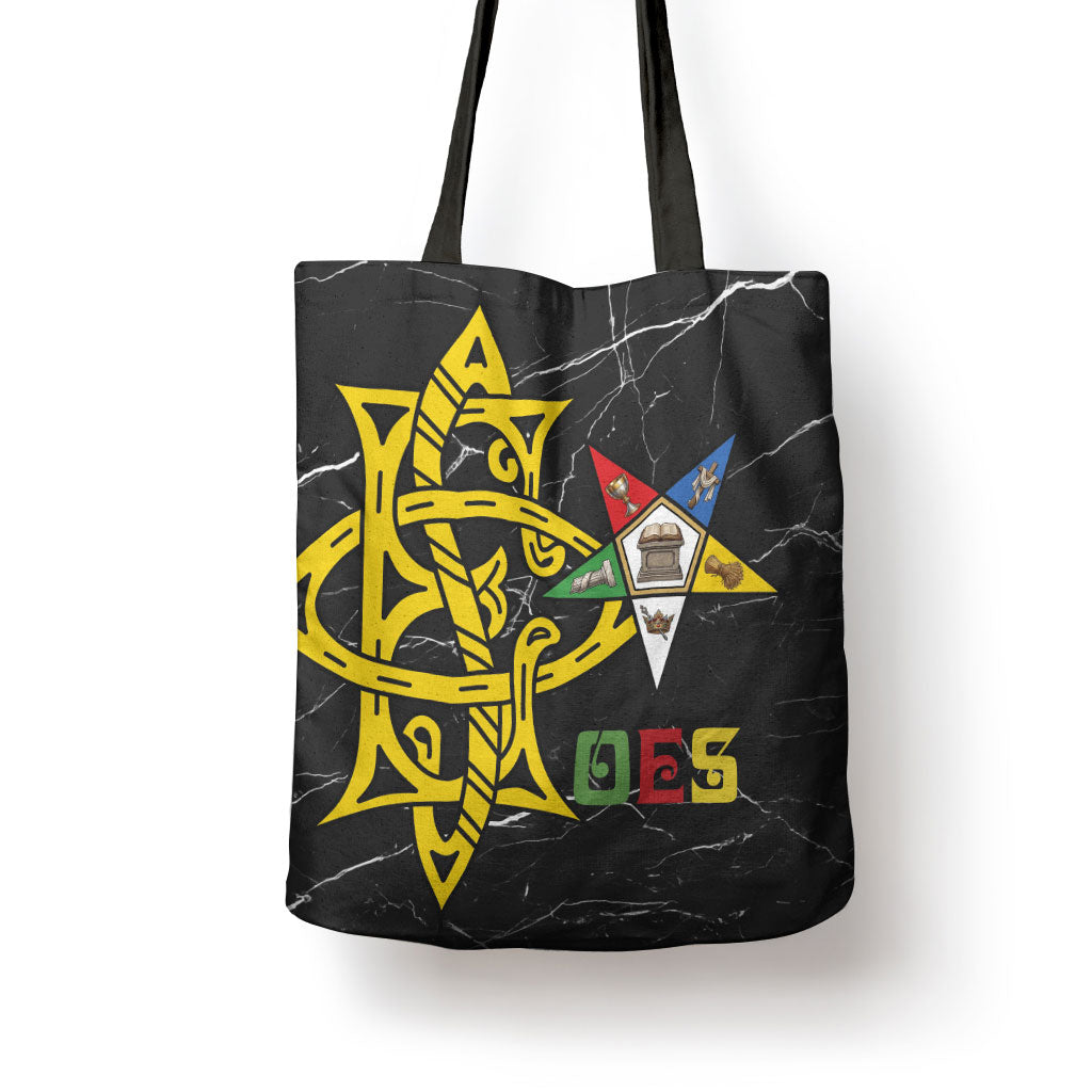OES Order Of The Eastern Star Tote Bag Five Pointed Star Emblem On Black Marble Texture