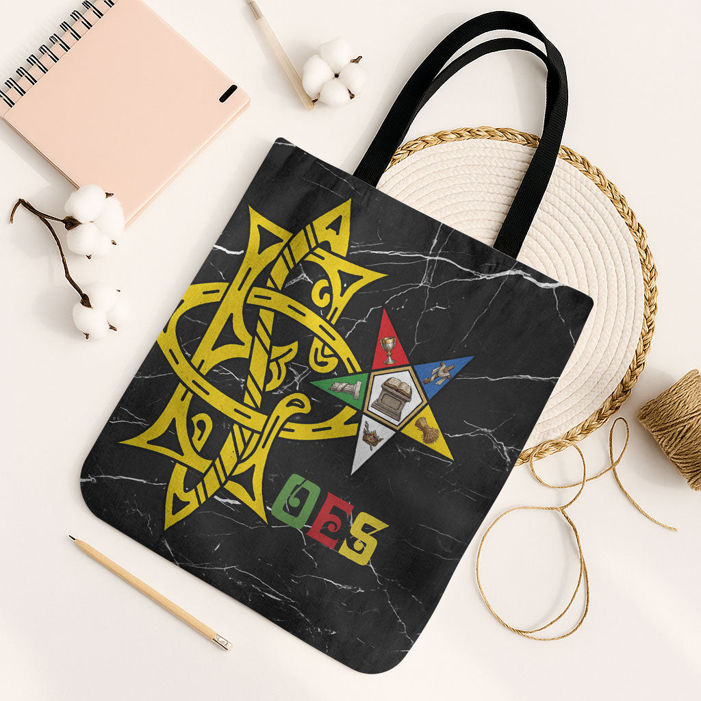 OES Order Of The Eastern Star Tote Bag Five Pointed Star Emblem On Black Marble Texture