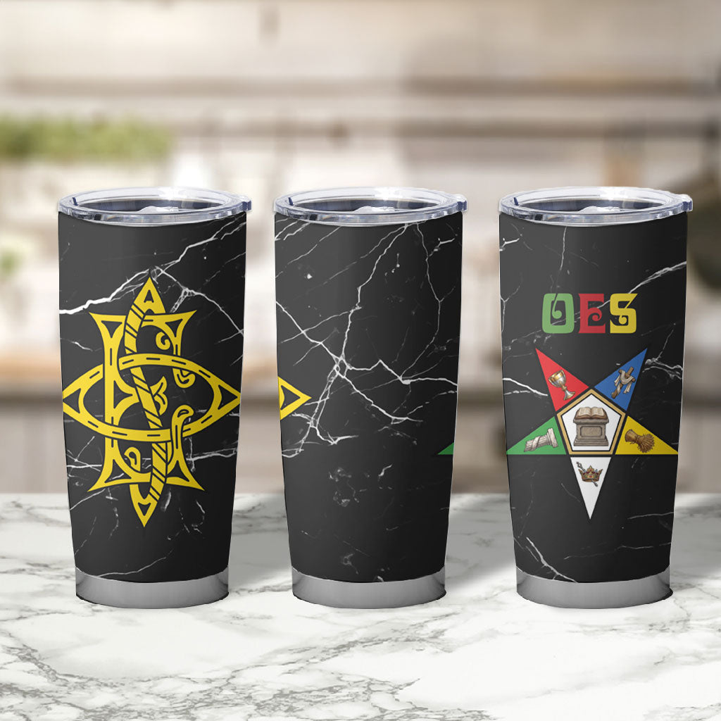 OES Order Of The Eastern Star Tumbler Cup Five Pointed Star Emblem On Black Marble Texture