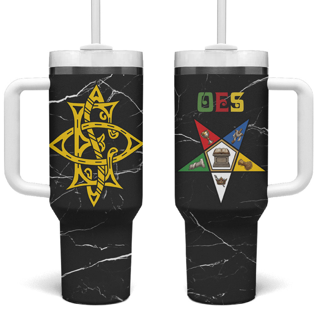 OES Order Of The Eastern Star Tumbler With Handle Five Pointed Star Emblem On Black Marble Texture