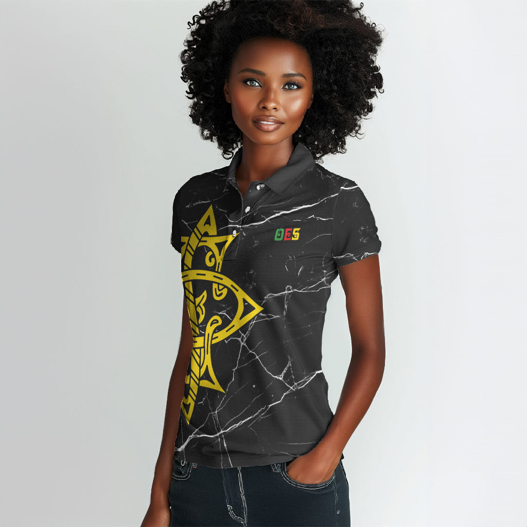 OES Order Of The Eastern Star Women Polo Shirt Five Pointed Star Emblem On Black Marble Texture