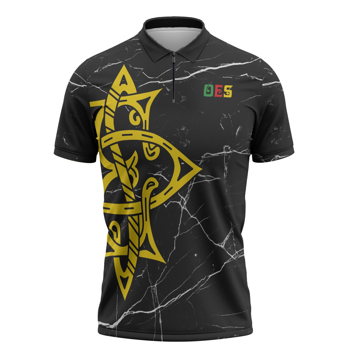 OES Order Of The Eastern Star Zipper Polo Shirt Five Pointed Star Emblem On Black Marble Texture