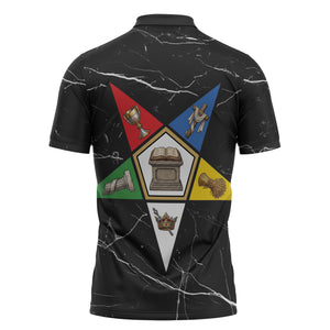 OES Order Of The Eastern Star Zipper Polo Shirt Five Pointed Star Emblem On Black Marble Texture