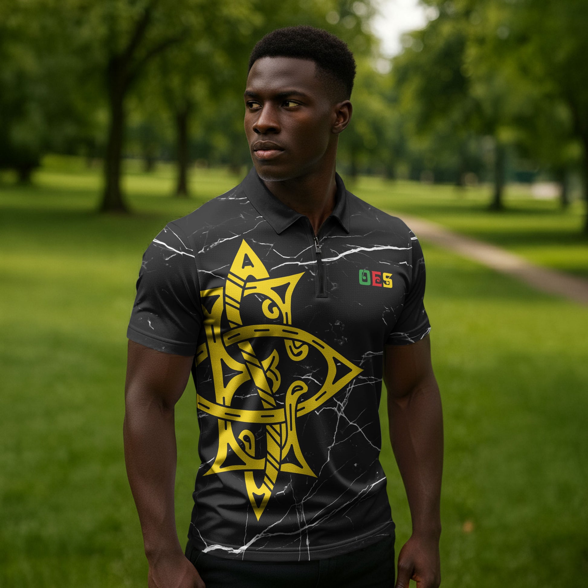 OES Order Of The Eastern Star Zipper Polo Shirt Five Pointed Star Emblem On Black Marble Texture