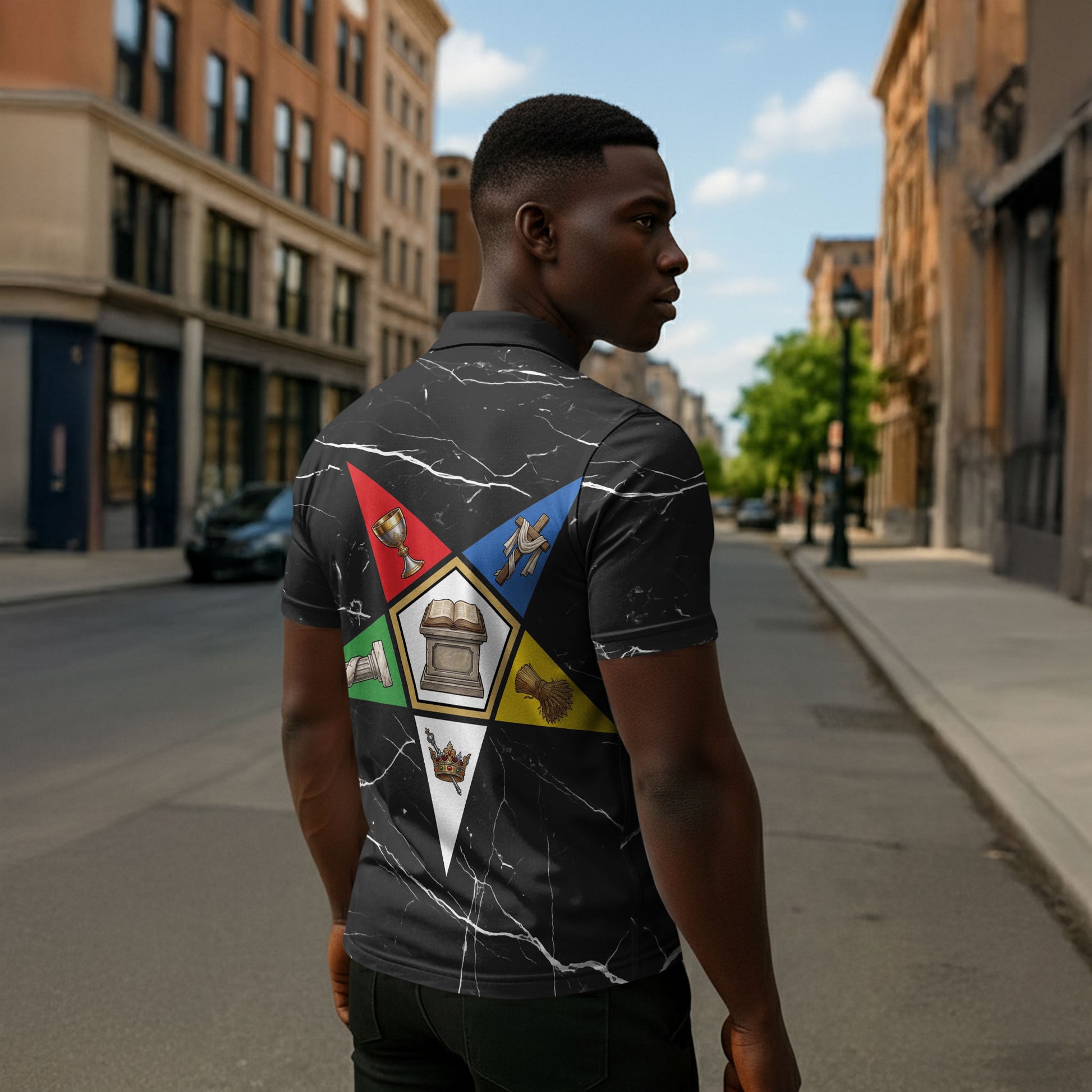 OES Order Of The Eastern Star Zipper Polo Shirt Five Pointed Star Emblem On Black Marble Texture