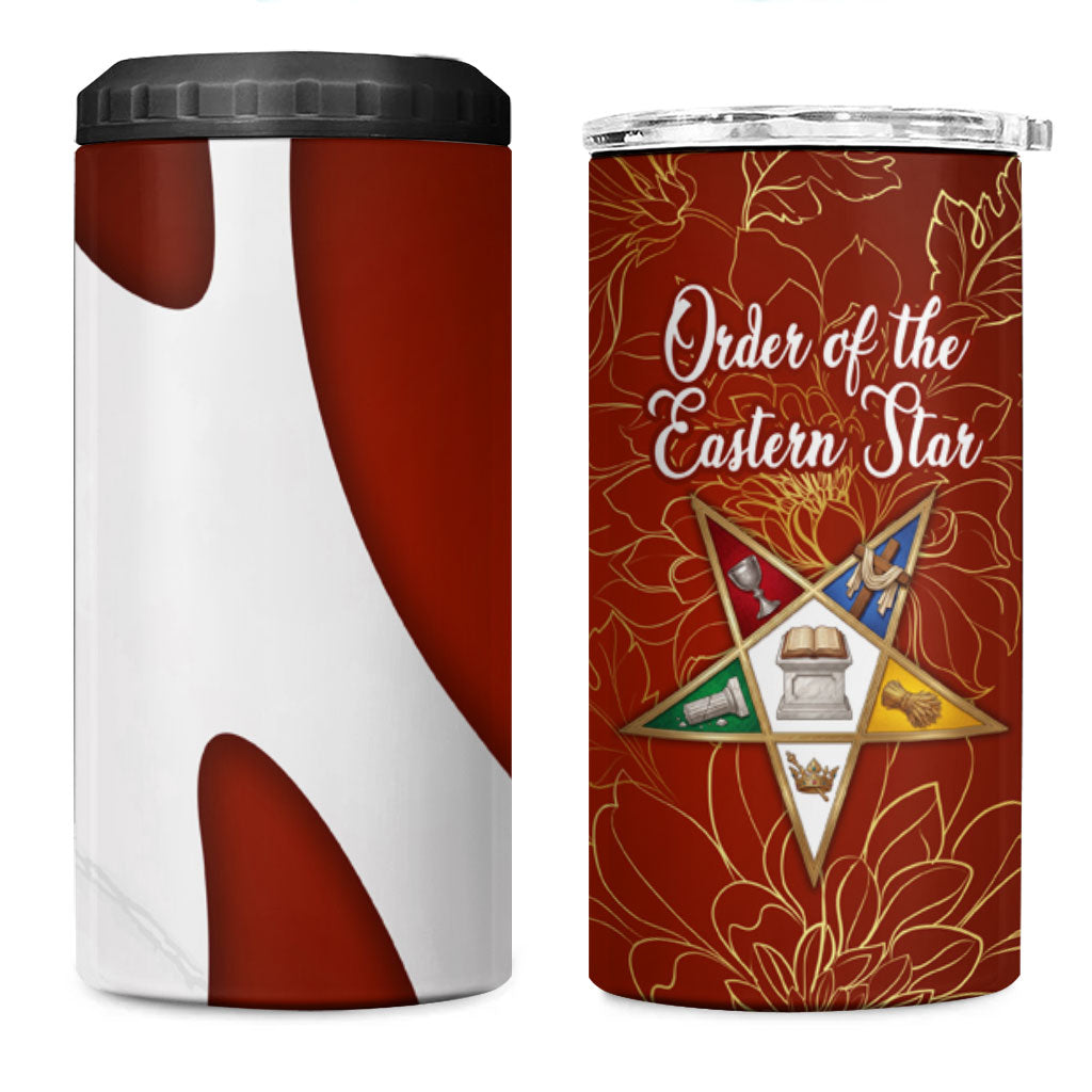 OES Order Of The Eastern Star 4 in 1 Can Cooler Tumbler Five Pointed Star Emblem With Gold Floral Art