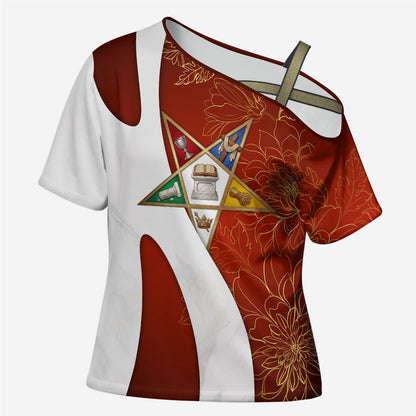OES Order Of The Eastern Star Cross Shoulder Shirt Five Pointed Star Emblem With Gold Floral Art