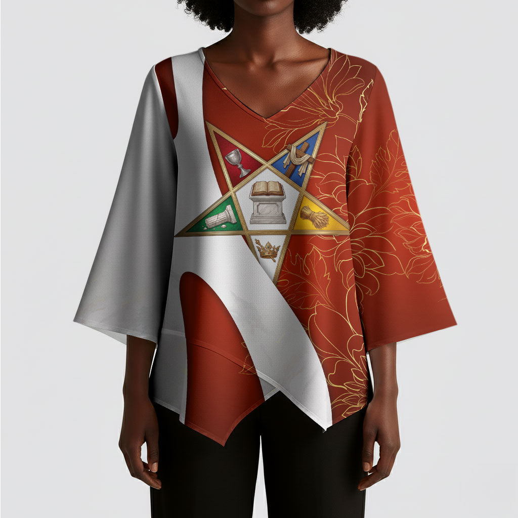 OES Order Of The Eastern Star Kimono Sleeve Blouse Five Pointed Star Emblem With Gold Floral Art